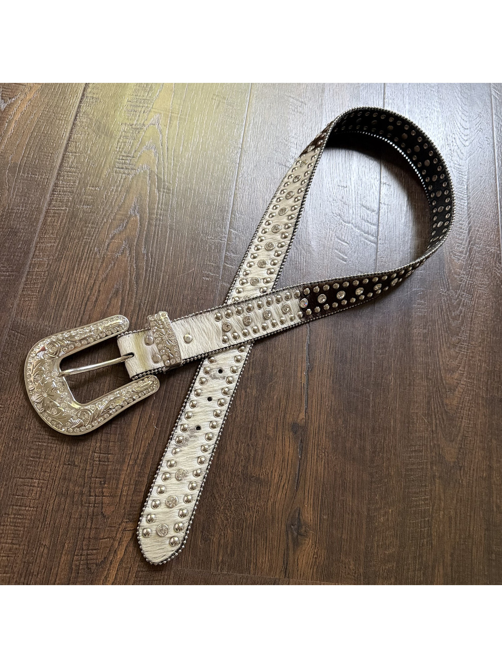 Y2K Nocona Cowhide Calf Hair Rhinestone Studded Western Belt Bling Size M
